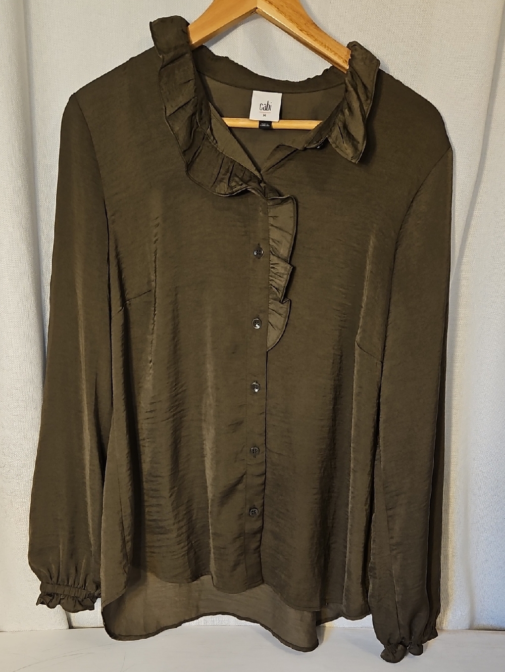 CAbi Olive Ruffle-Trim Button-Down Blouse